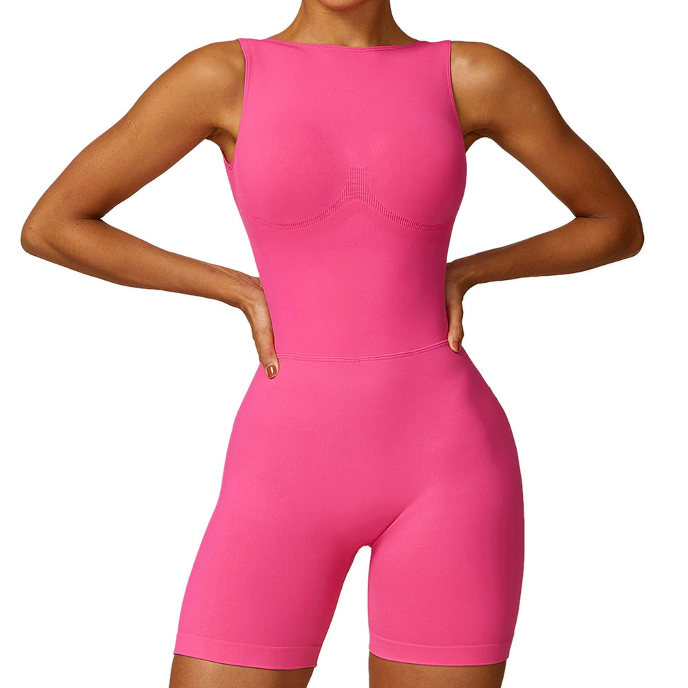7447 Women Yoga Bodysuit Workout Rompers Sleeveless Backless Short Jumpsuits Padded Summer Outfits