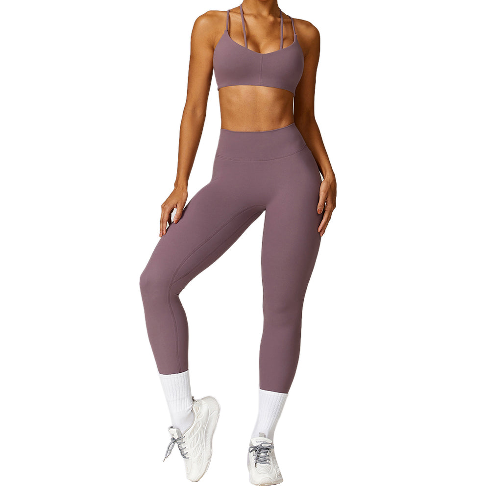 8536 2Pcs / Set Ribbed Women Sports Vest Backless Yoga Crop Top and Wide Leg Pants