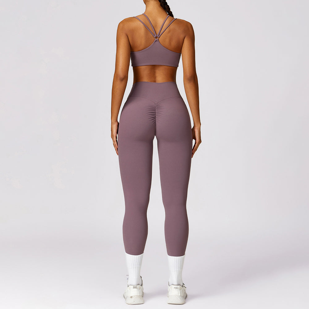 8536 2Pcs / Set Ribbed Women Sports Vest Backless Yoga Crop Top and Wide Leg Pants
