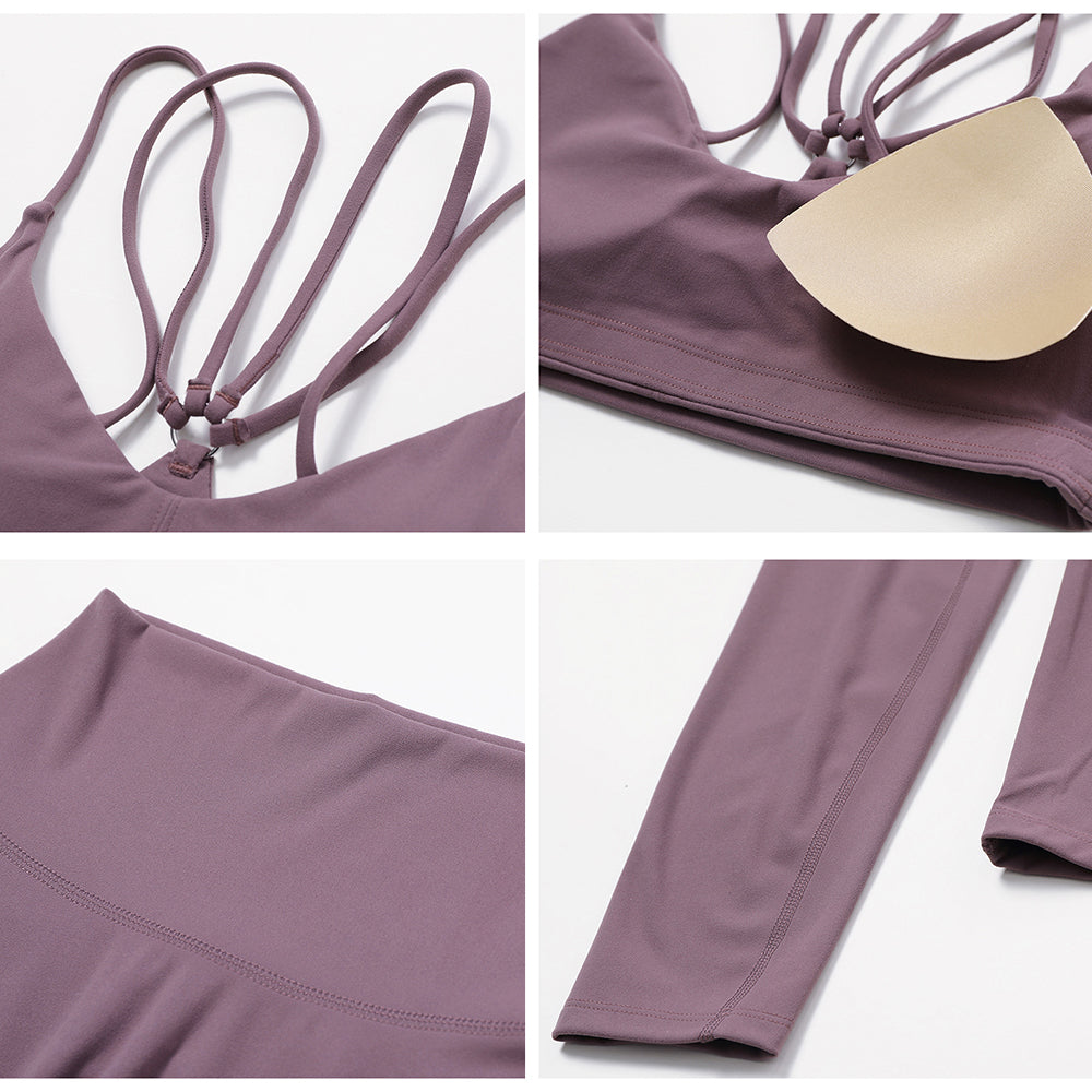 8536 2Pcs / Set Ribbed Women Sports Vest Backless Yoga Crop Top and Wide Leg Pants