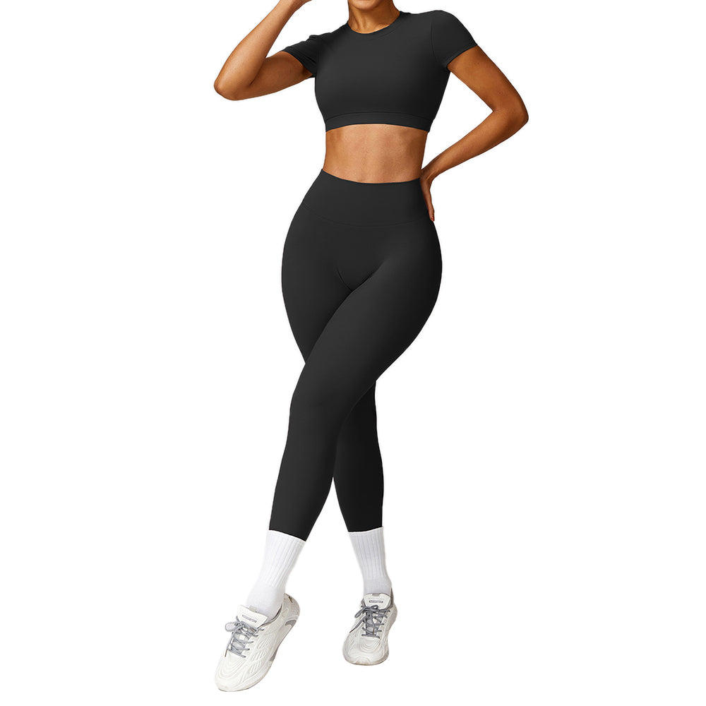 8536 2Pcs / Set Women Yoga Sets Short Sleeve Backless Crop Tops Seamless Leggings Gym Sets