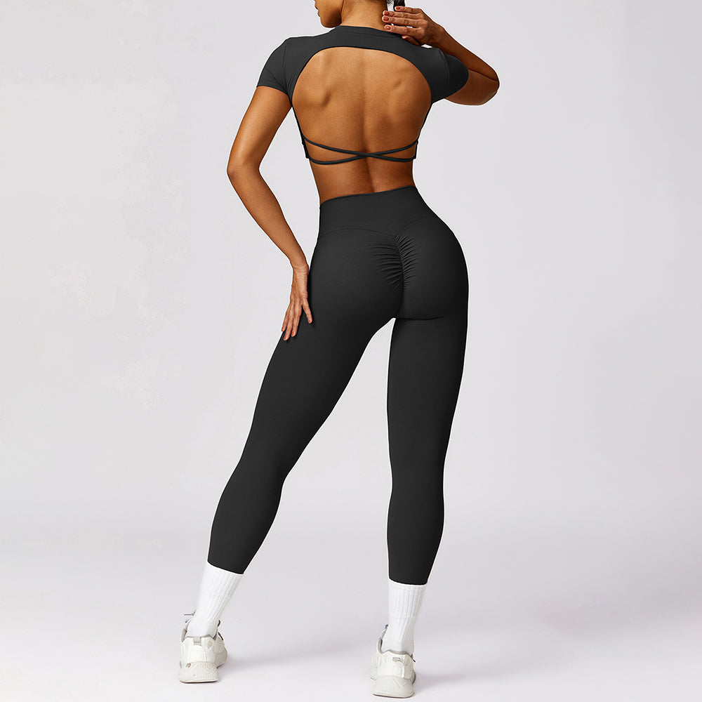 8536 2Pcs / Set Women Yoga Sets Short Sleeve Backless Crop Tops Seamless Leggings Gym Sets