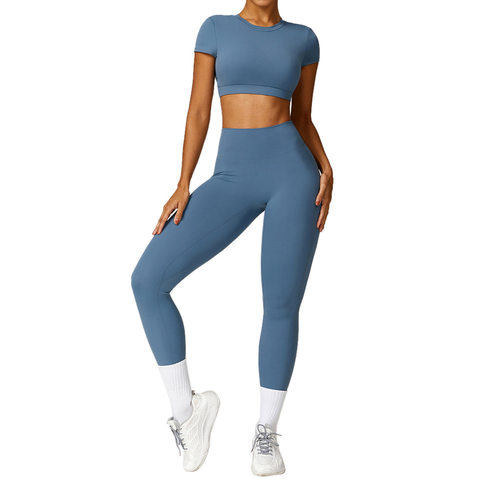 8536 2Pcs / Set Women Yoga Sets Short Sleeve Backless Crop Tops Seamless Leggings Gym Sets