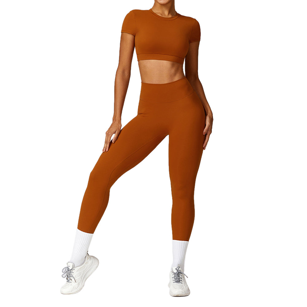 8536 2Pcs / Set Women Yoga Sets Short Sleeve Backless Crop Tops Seamless Leggings Gym Sets