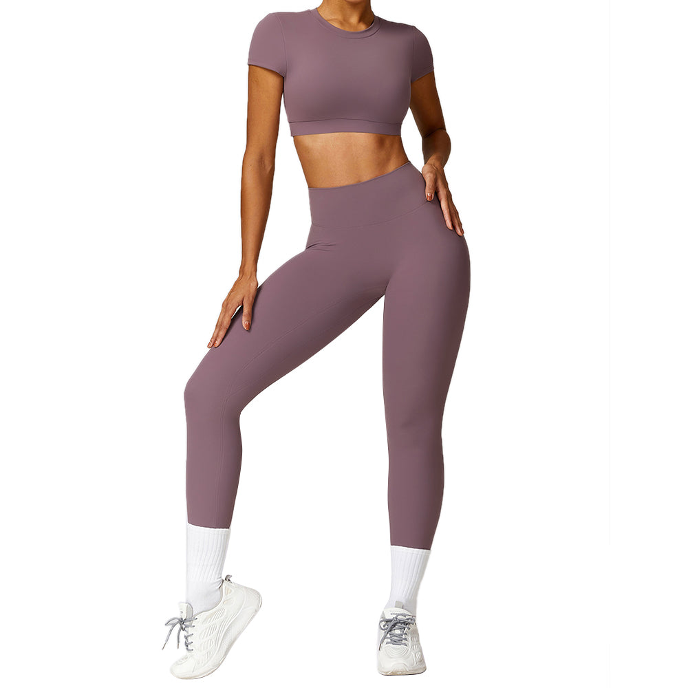 8536 2Pcs / Set Women Yoga Sets Short Sleeve Backless Crop Tops Seamless Leggings Gym Sets