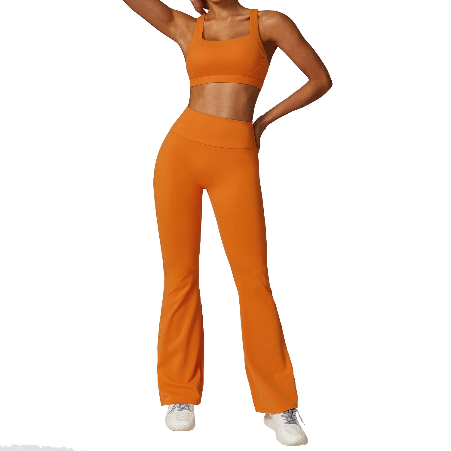 8047 Women Cross Back Sports Bra and Flared Trousers Breathable Running Yoga Sportswear Set