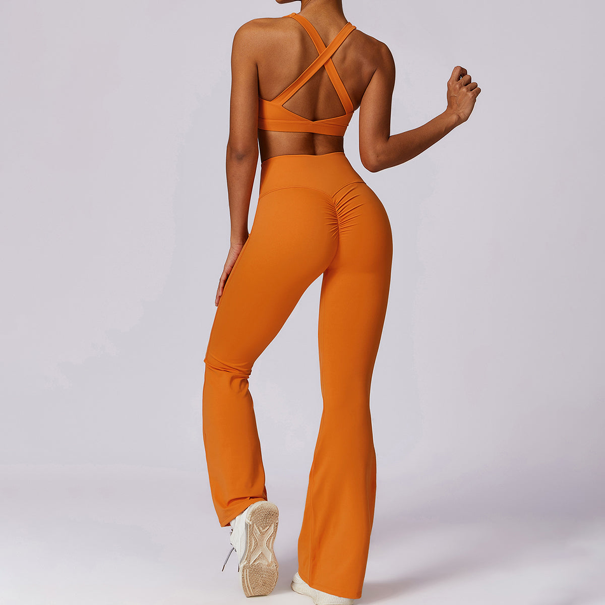 8047 Women Cross Back Sports Bra and Flared Trousers Breathable Running Yoga Sportswear Set