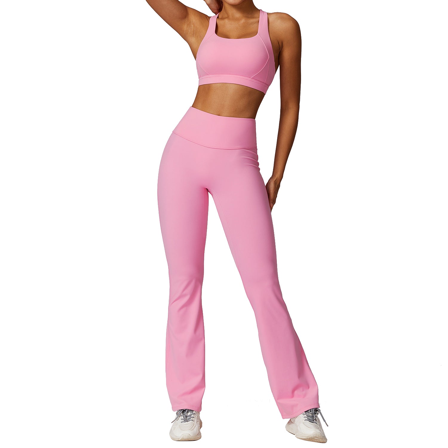 8047 Women Cross Back Sports Bra and Flared Trousers Breathable Running Yoga Sportswear Set