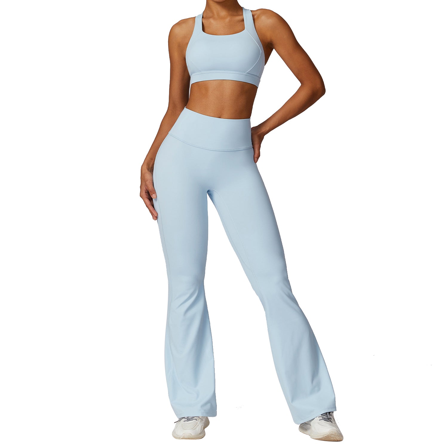 8047 Women Cross Back Sports Bra and Flared Trousers Breathable Running Yoga Sportswear Set