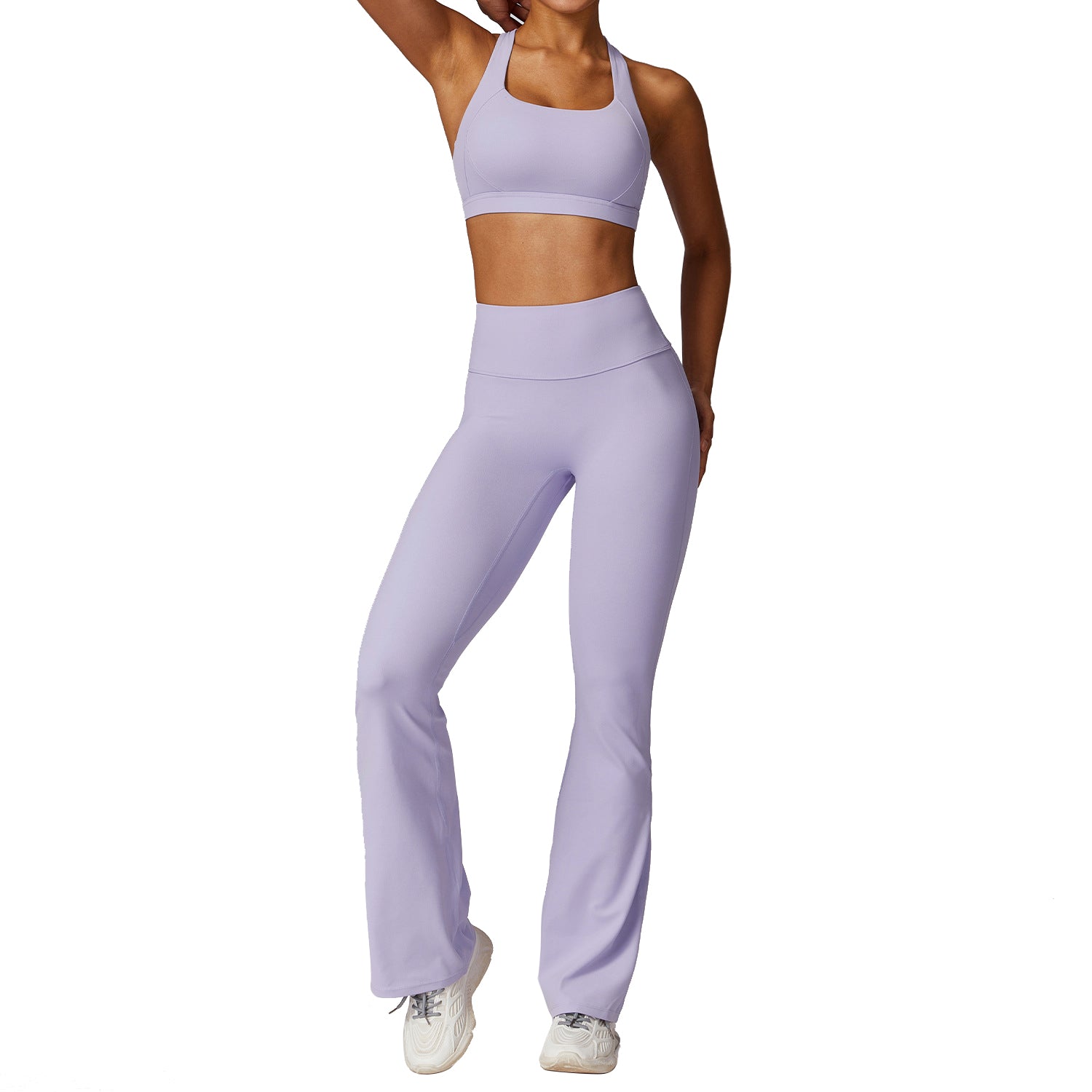 8047 Women Cross Back Sports Bra and Flared Trousers Breathable Running Yoga Sportswear Set