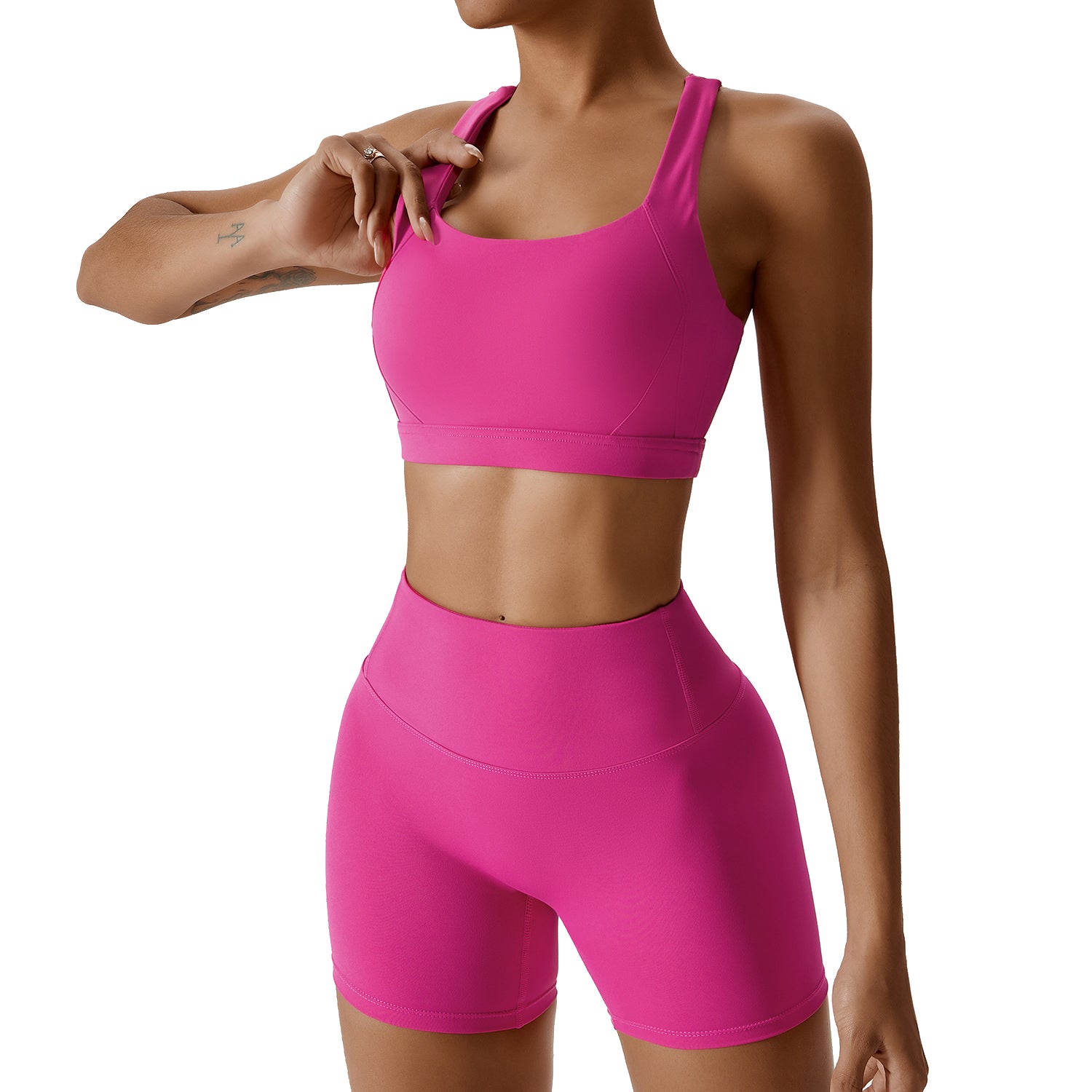 8047 Yoga Cross Back Bra and High Waist Shorts Solid Color Slim Fit Women Sportswear Set