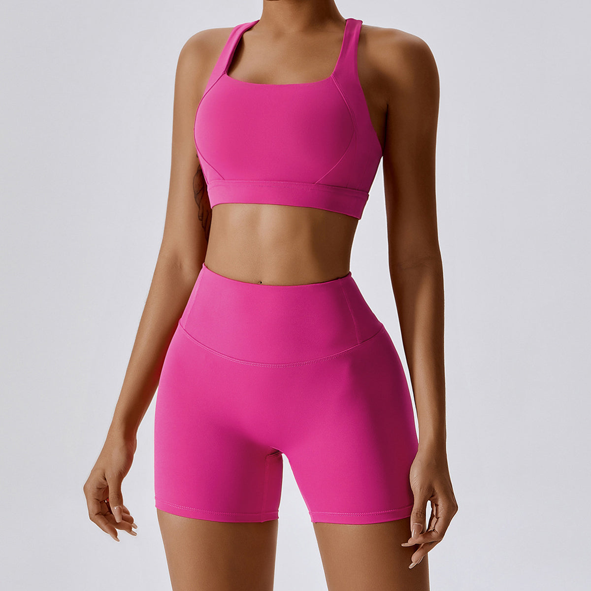 8047 Yoga Cross Back Bra and High Waist Shorts Solid Color Slim Fit Women Sportswear Set