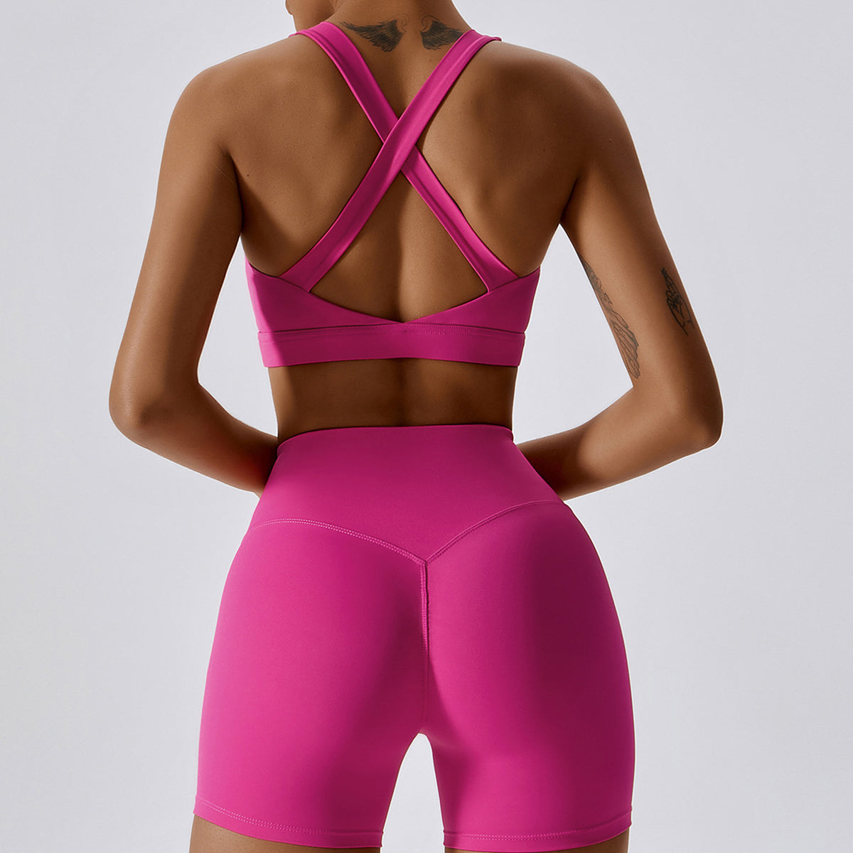 8047 Yoga Cross Back Bra and High Waist Shorts Solid Color Slim Fit Women Sportswear Set