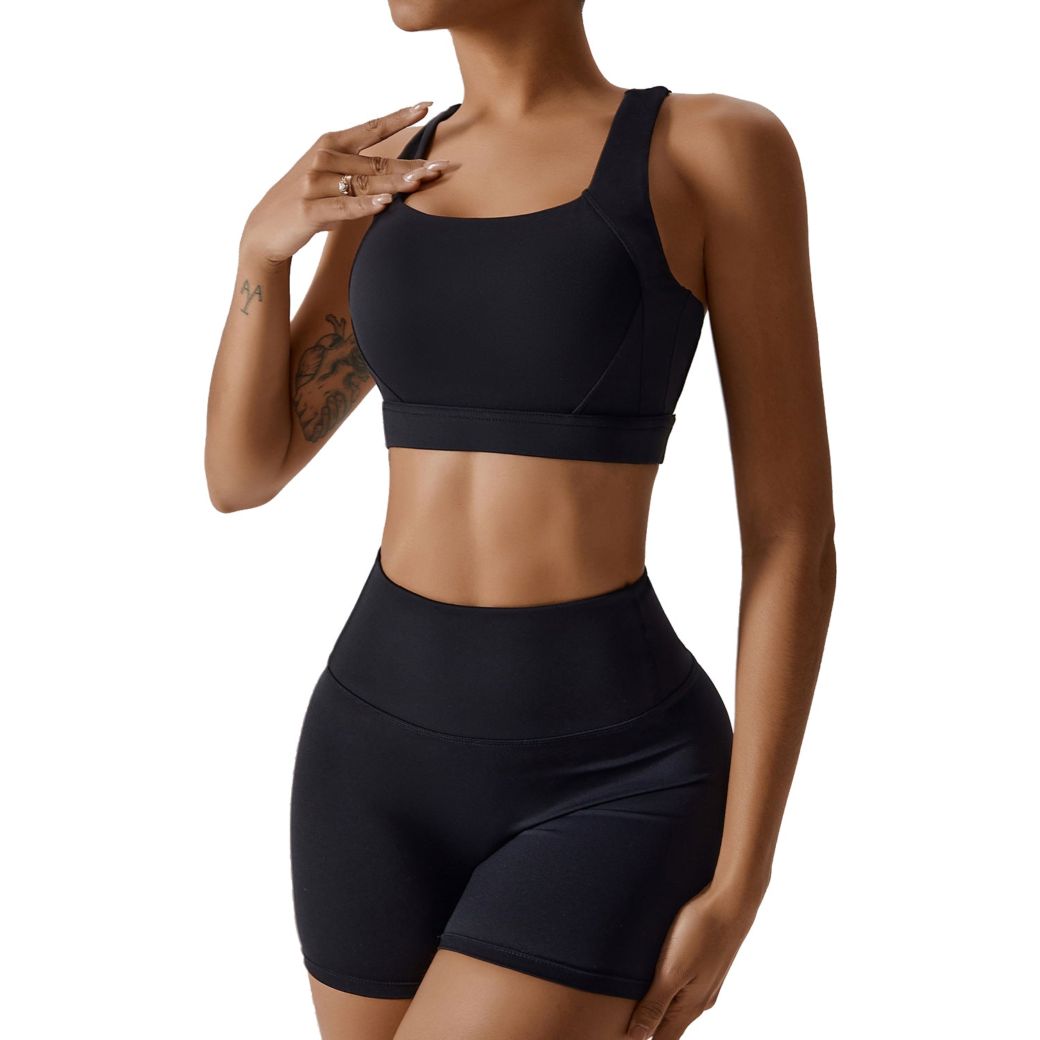 8047 Yoga Cross Back Bra and High Waist Shorts Solid Color Slim Fit Women Sportswear Set
