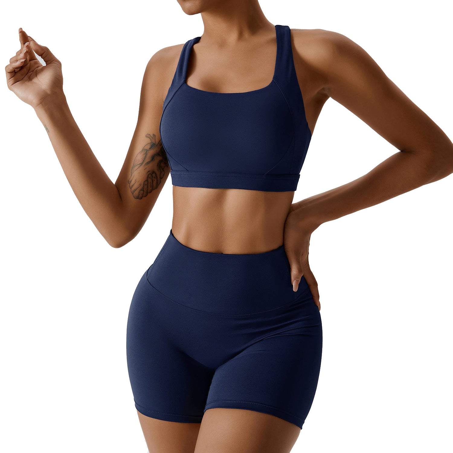 8047 Yoga Cross Back Bra and High Waist Shorts Solid Color Slim Fit Women Sportswear Set