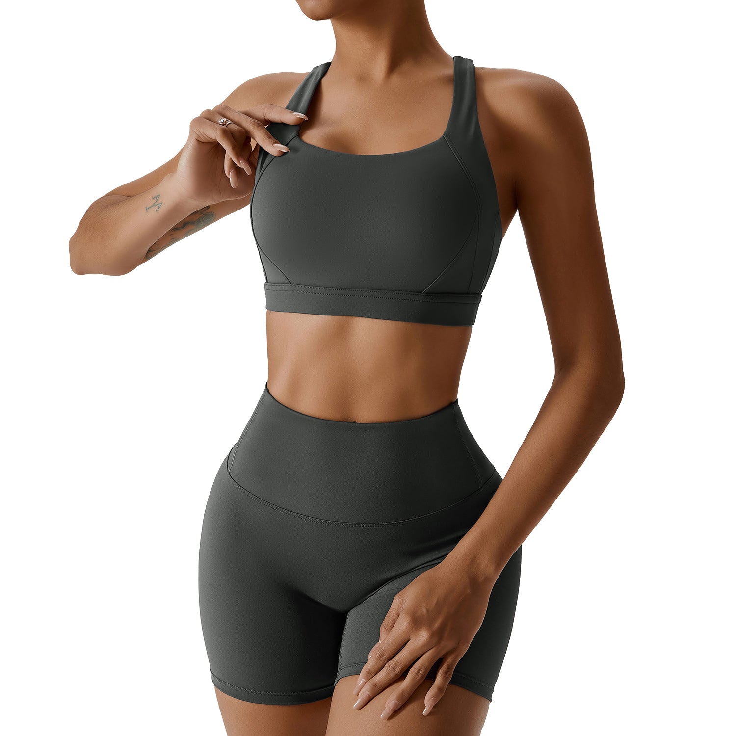 8047 Yoga Cross Back Bra and High Waist Shorts Solid Color Slim Fit Women Sportswear Set