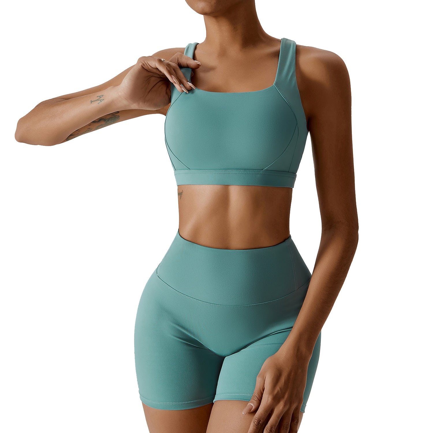 8047 Yoga Cross Back Bra and High Waist Shorts Solid Color Slim Fit Women Sportswear Set