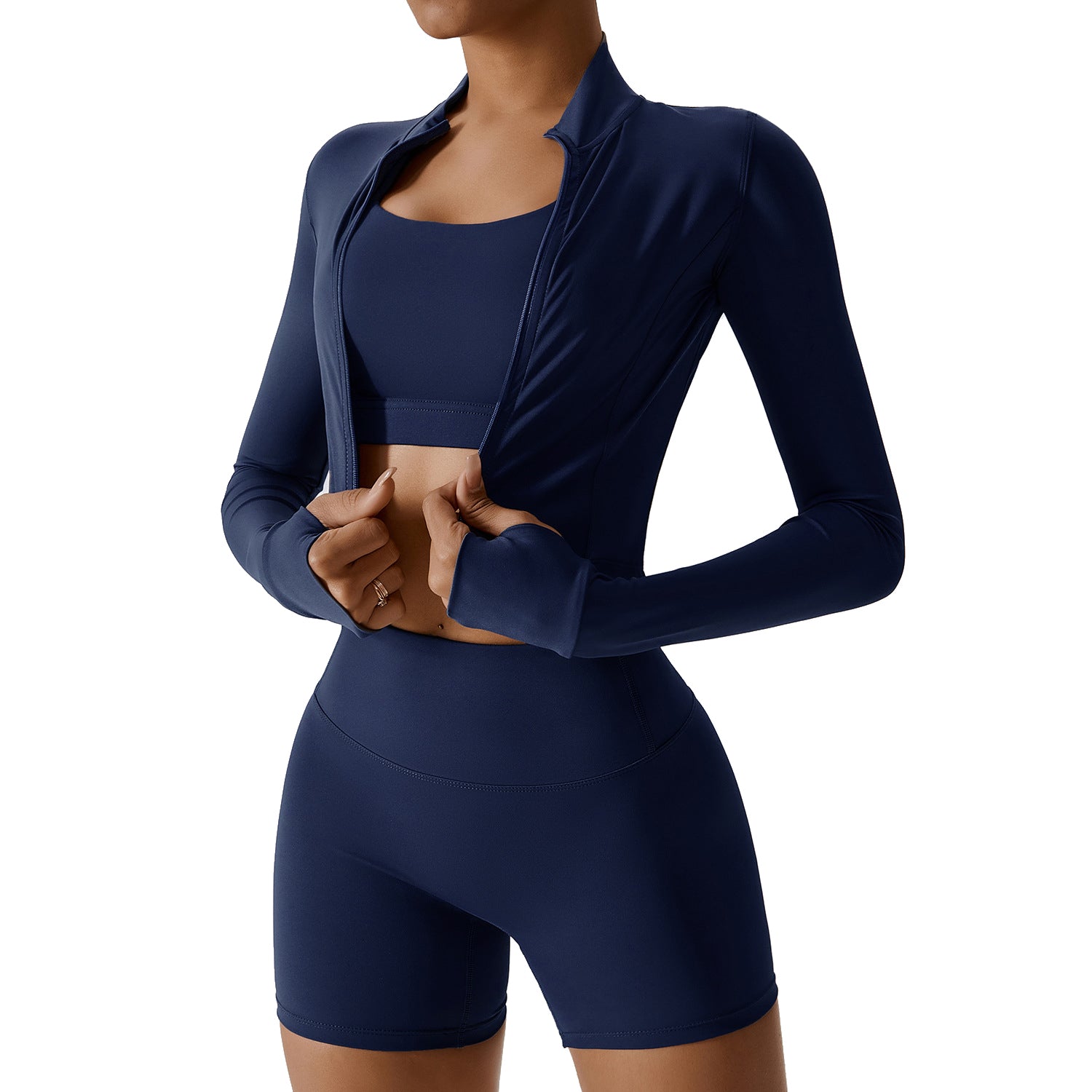 8047 Women’s Yoga Outfits 3Pcs Set Long-sleeved Top and Sports Bra and High Waist Track Pants