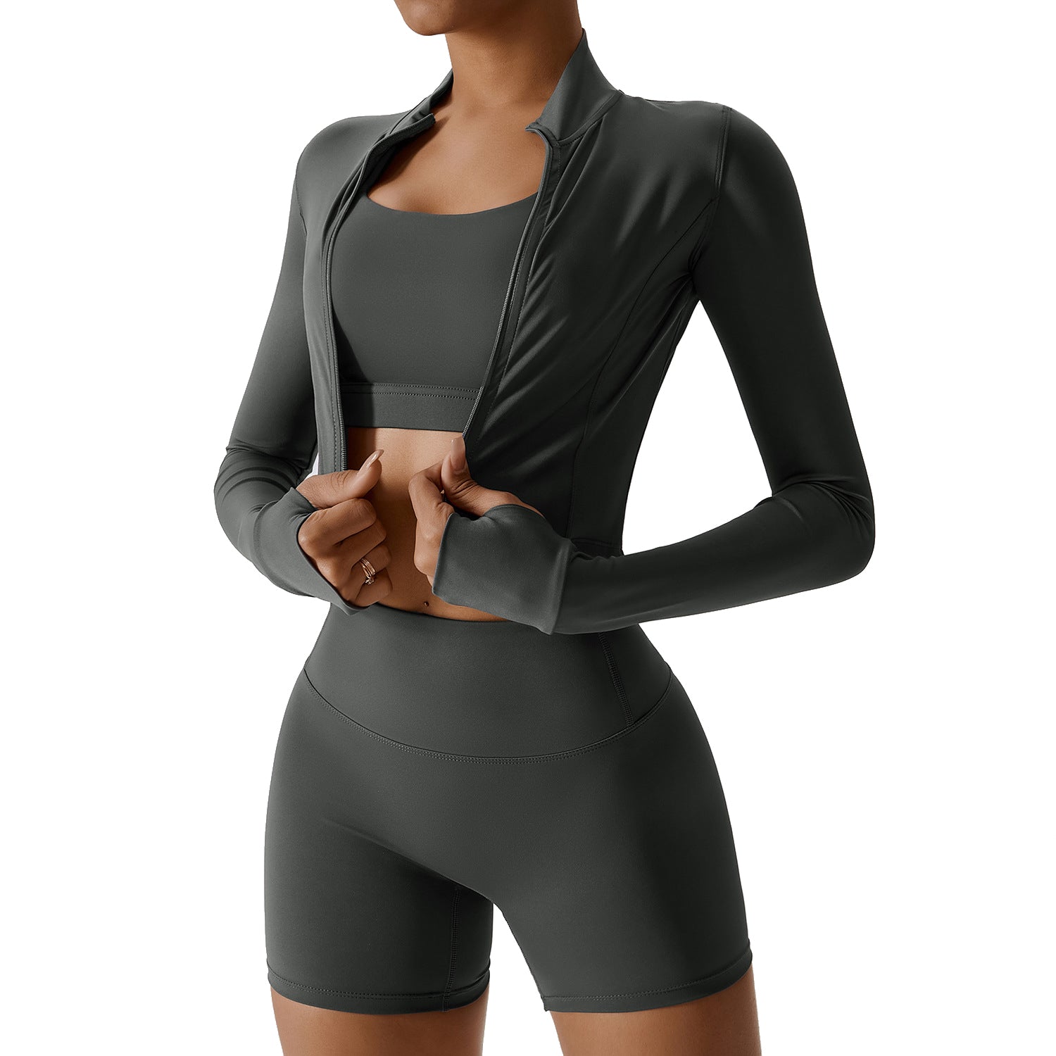 8047 Women’s Yoga Outfits 3Pcs Set Long-sleeved Top and Sports Bra and High Waist Track Pants