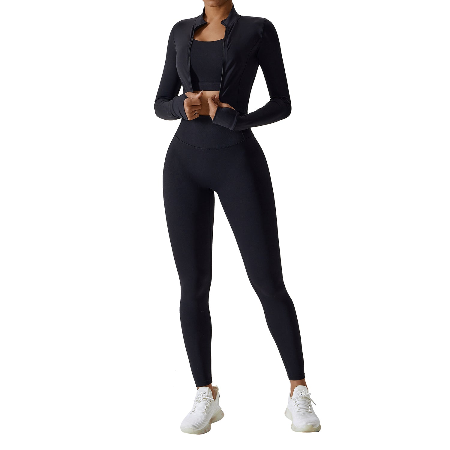 8047 Women’s Workout Sets Long-sleeved Top and Sports Bra and High Waist Long Pants Slim Yoga Clothing Set