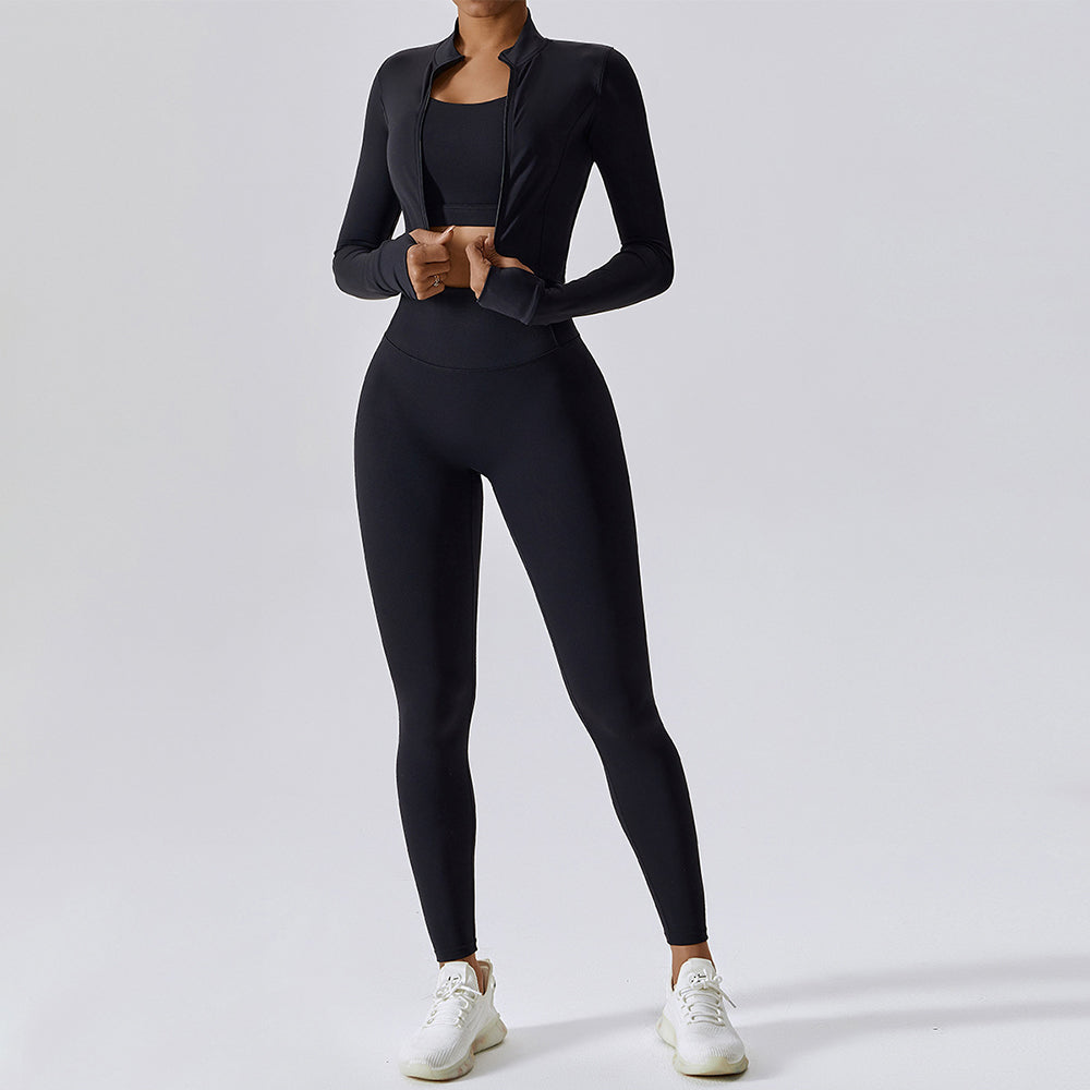 8047 Women’s Workout Sets Long-sleeved Top and Sports Bra and High Waist Long Pants Slim Yoga Clothing Set