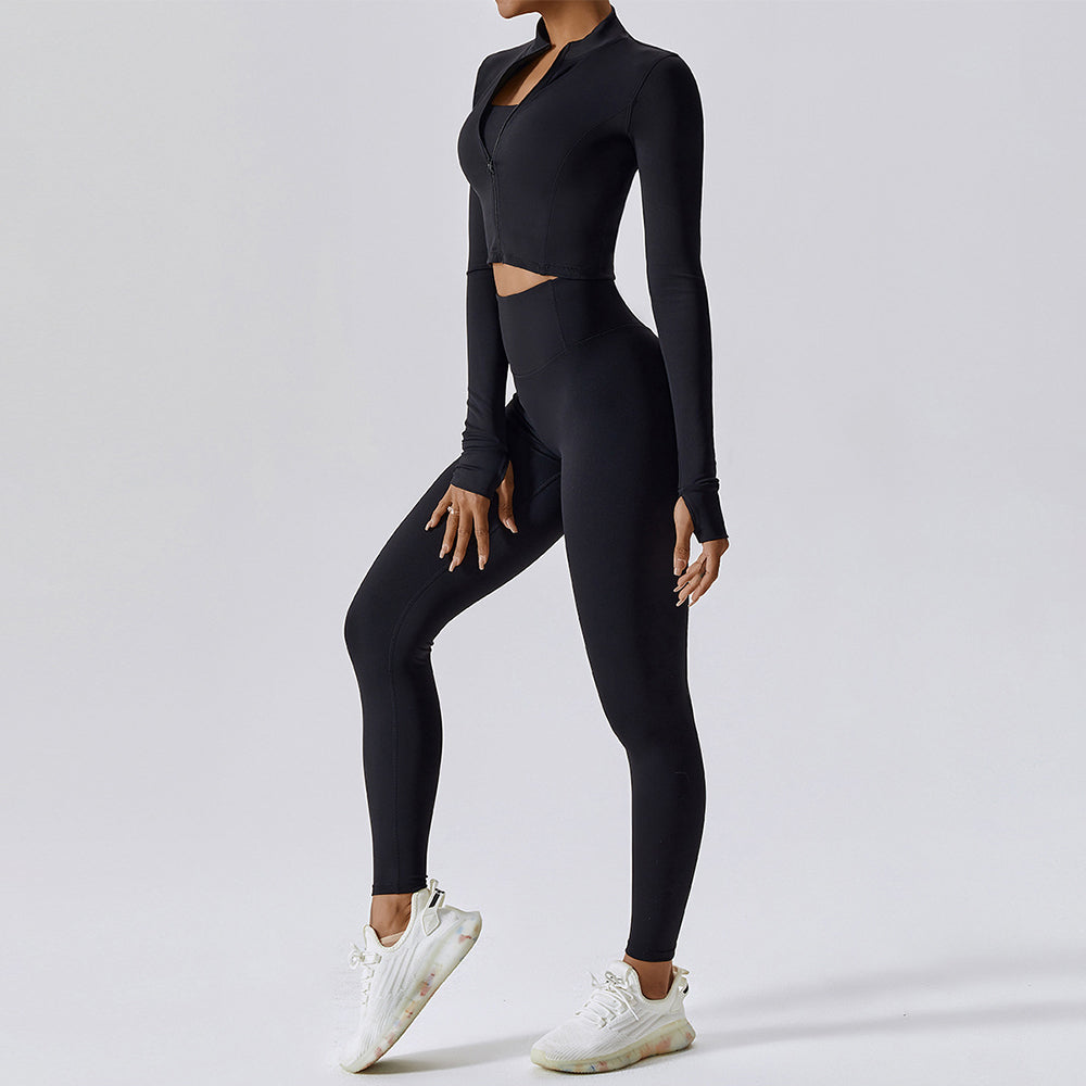 8047 Women’s Workout Sets Long-sleeved Top and Sports Bra and High Waist Long Pants Slim Yoga Clothing Set