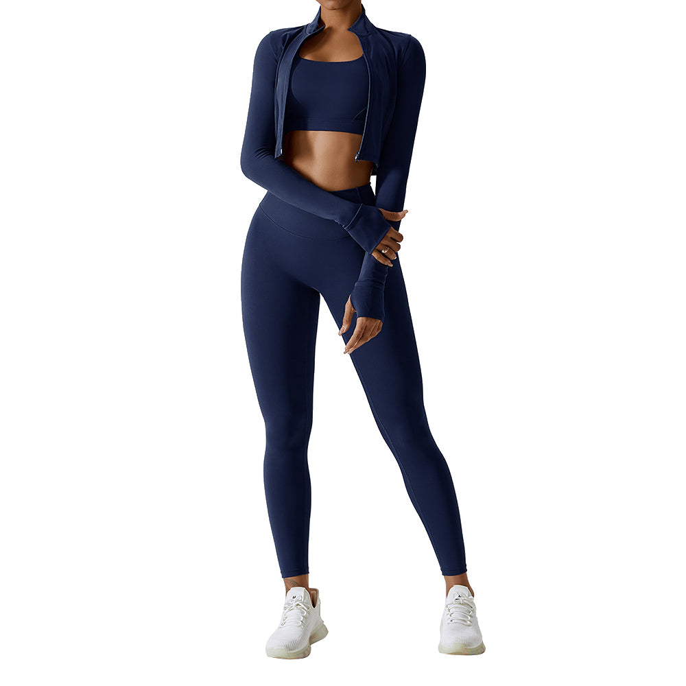8047 Women’s Workout Sets Long-sleeved Top and Sports Bra and High Waist Long Pants Slim Yoga Clothing Set