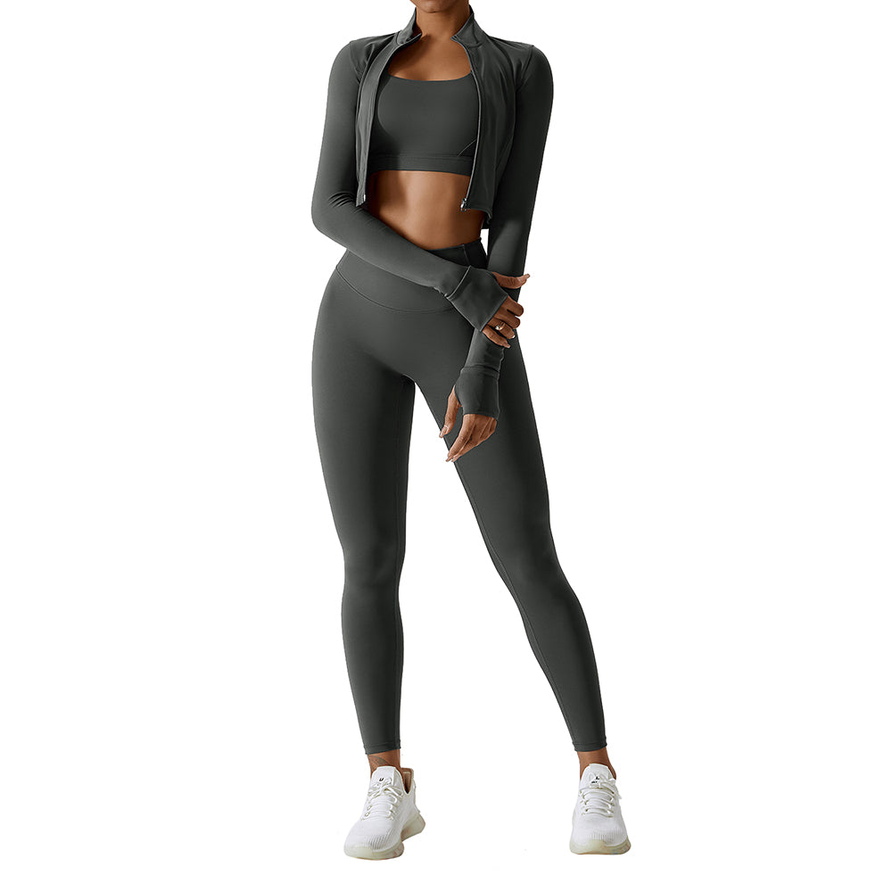 8047 Women’s Workout Sets Long-sleeved Top and Sports Bra and High Waist Long Pants Slim Yoga Clothing Set