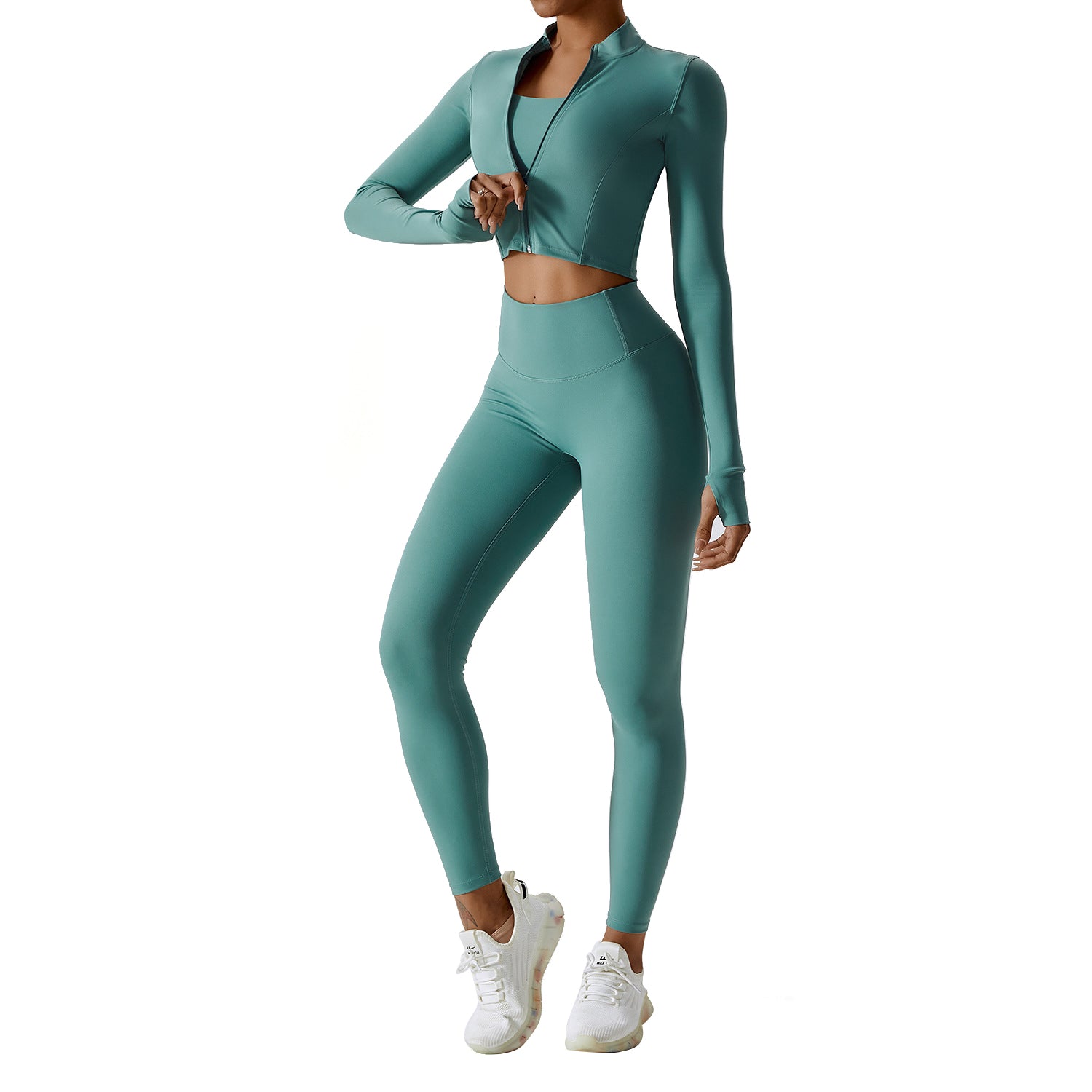 8047 Women’s Workout Sets Long-sleeved Top and Sports Bra and High Waist Long Pants Slim Yoga Clothing Set