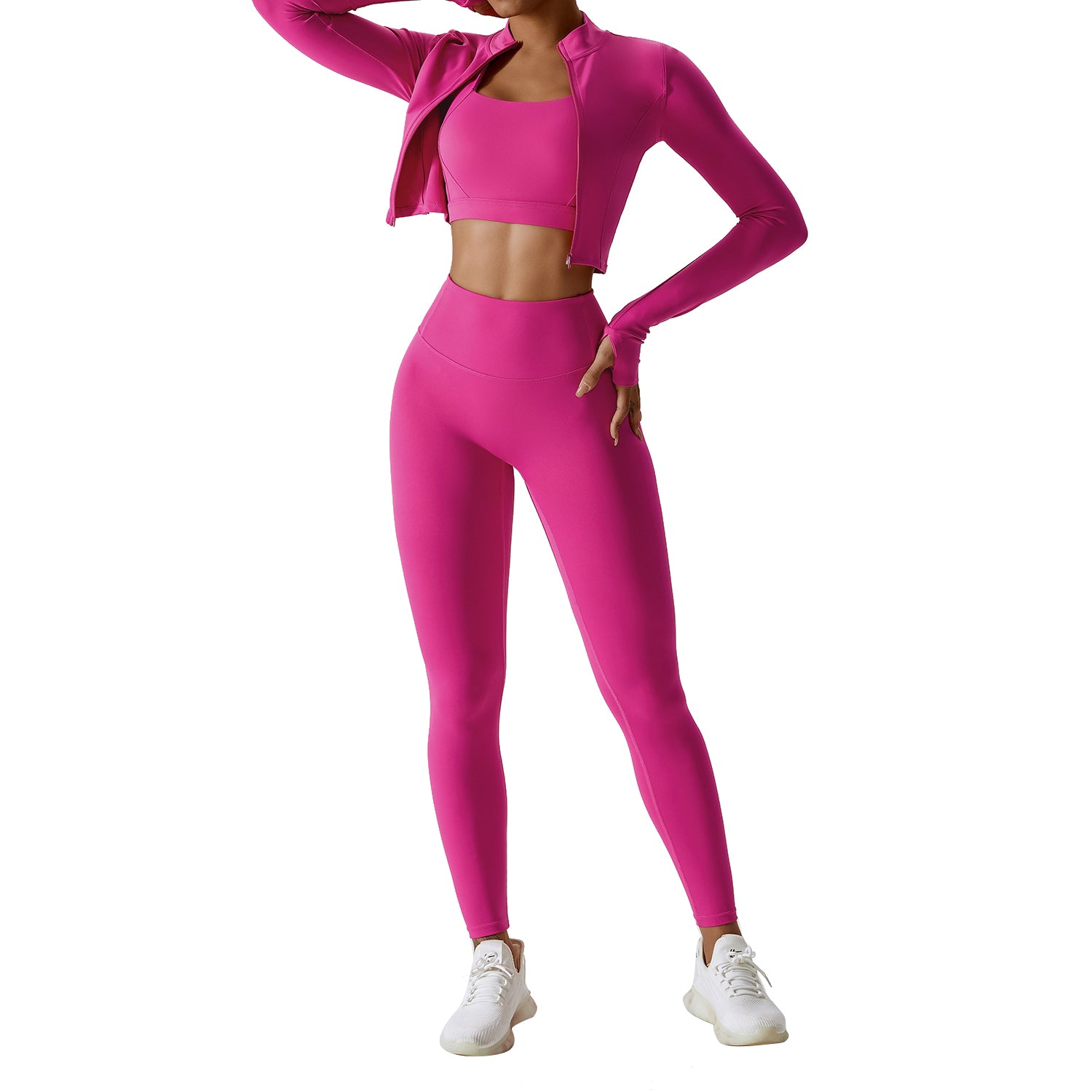 8047 Women’s Workout Sets Long-sleeved Top and Sports Bra and High Waist Long Pants Slim Yoga Clothing Set