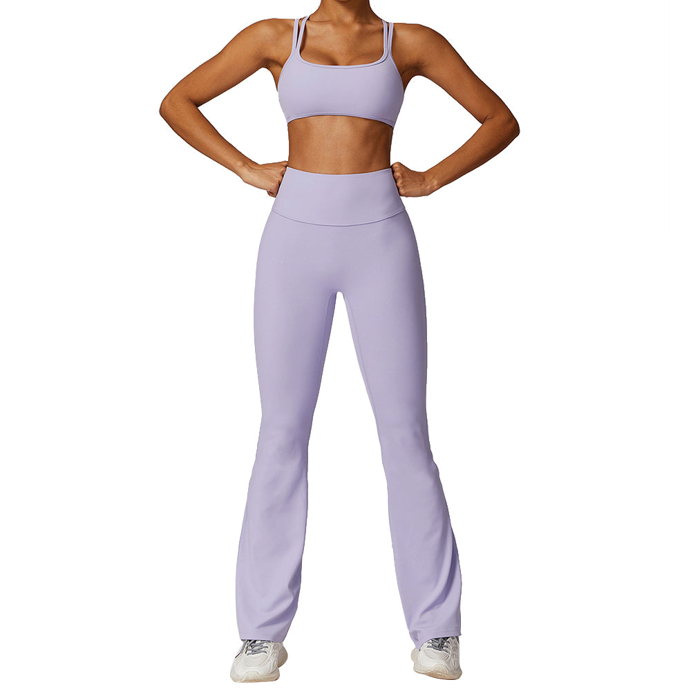 8260 Women Sports Bra and Flared Trousers Breathable Running Yoga Fitness Sportswear Set