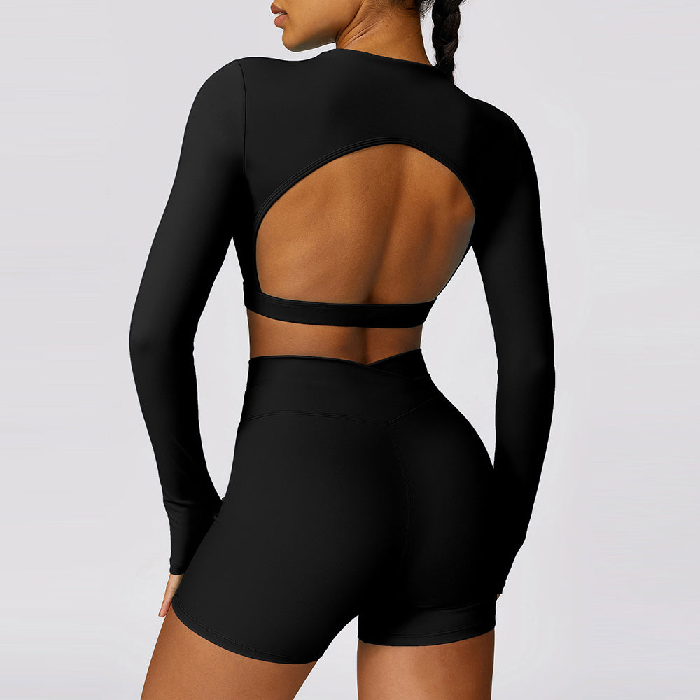 8578 Women Yoga Fitness Sports Suit Slim Fit Quick-drying Long Sleeve T-shirt Crop Top + Shorts