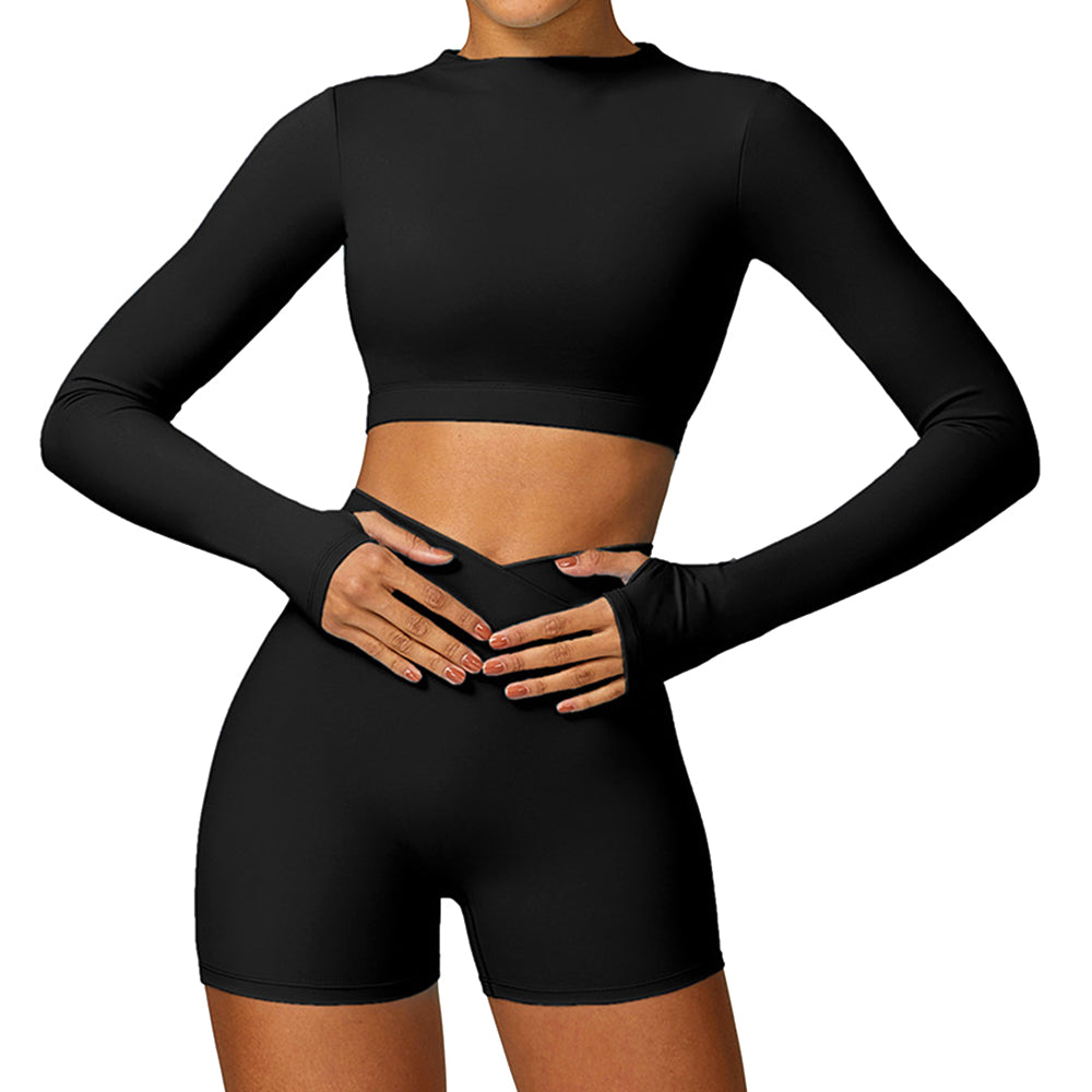 8578 Women Yoga Fitness Sports Suit Slim Fit Quick-drying Long Sleeve T-shirt Crop Top + Shorts