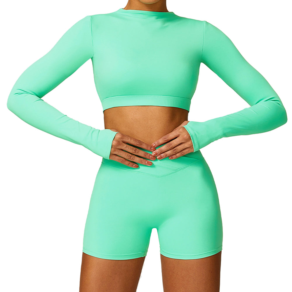 8578 Women Yoga Fitness Sports Suit Slim Fit Quick-drying Long Sleeve T-shirt Crop Top + Shorts