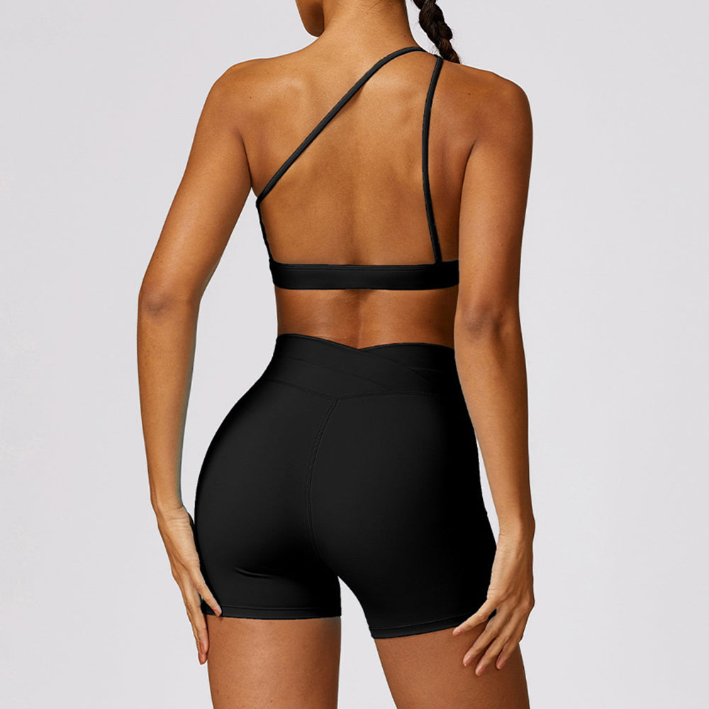 8578 2Pcs  /  Set Single Shoulder Women Sports Bra Backless Padded Yoga Bra + Shorts