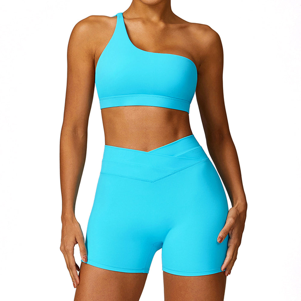 8578 2Pcs  /  Set Single Shoulder Women Sports Bra Backless Padded Yoga Bra + Shorts