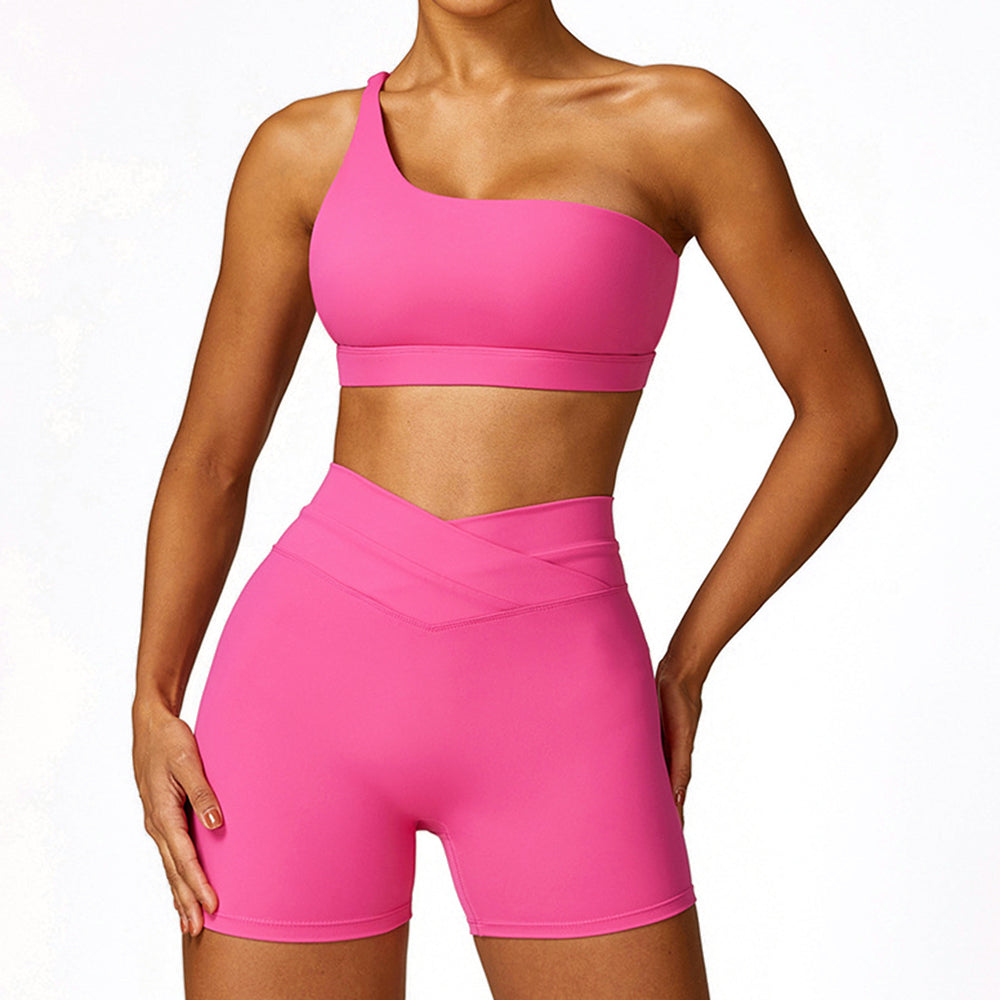 8578 2Pcs  /  Set Single Shoulder Women Sports Bra Backless Padded Yoga Bra + Shorts