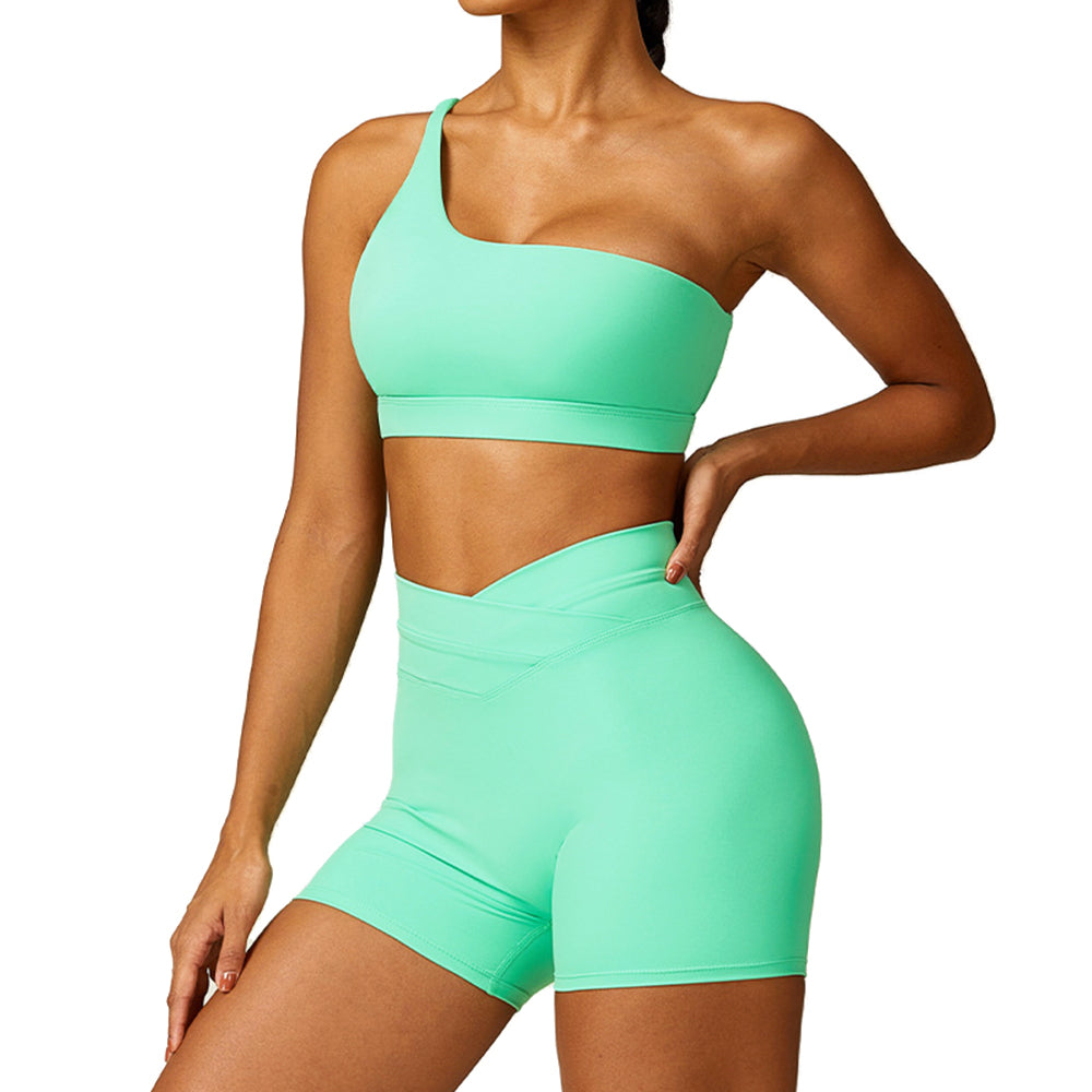 8578 2Pcs  /  Set Single Shoulder Women Sports Bra Backless Padded Yoga Bra + Shorts