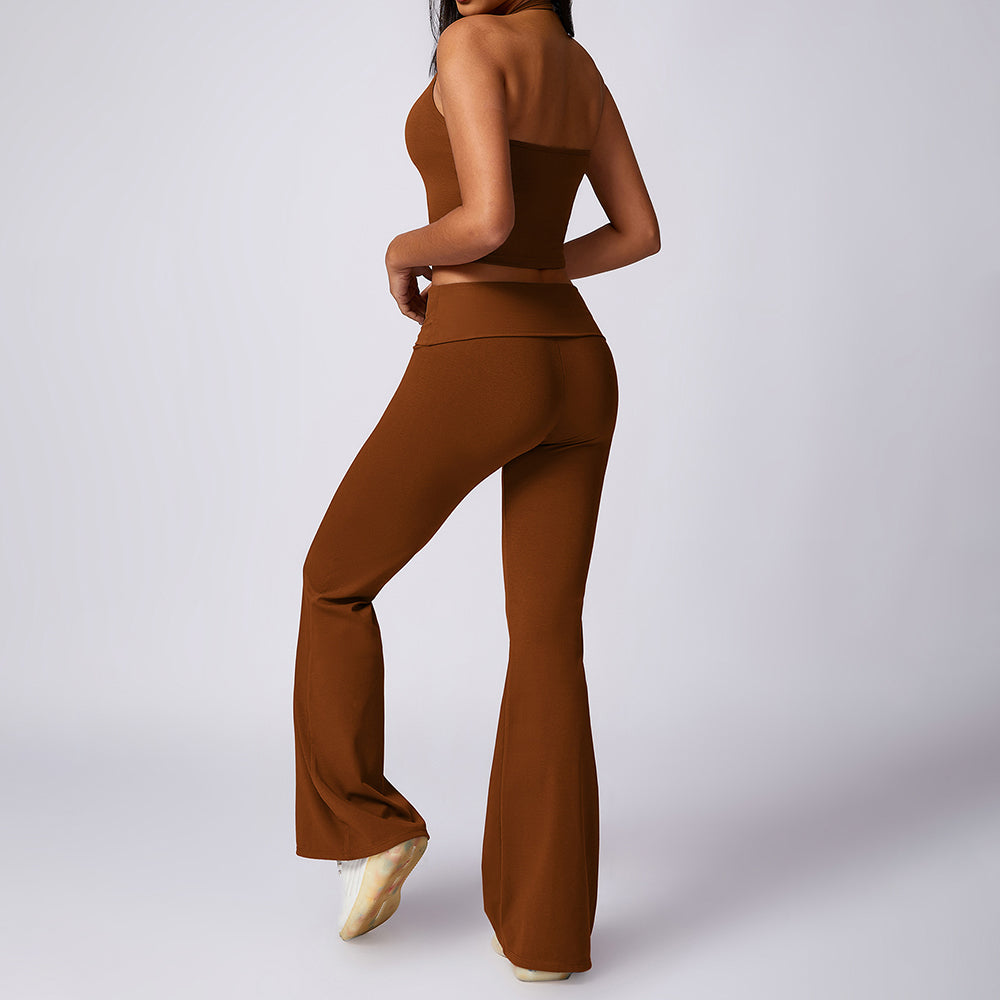 8713 Women Sexy Halter Backless Yoga Vest Fitness High Waist Flared Pants Set