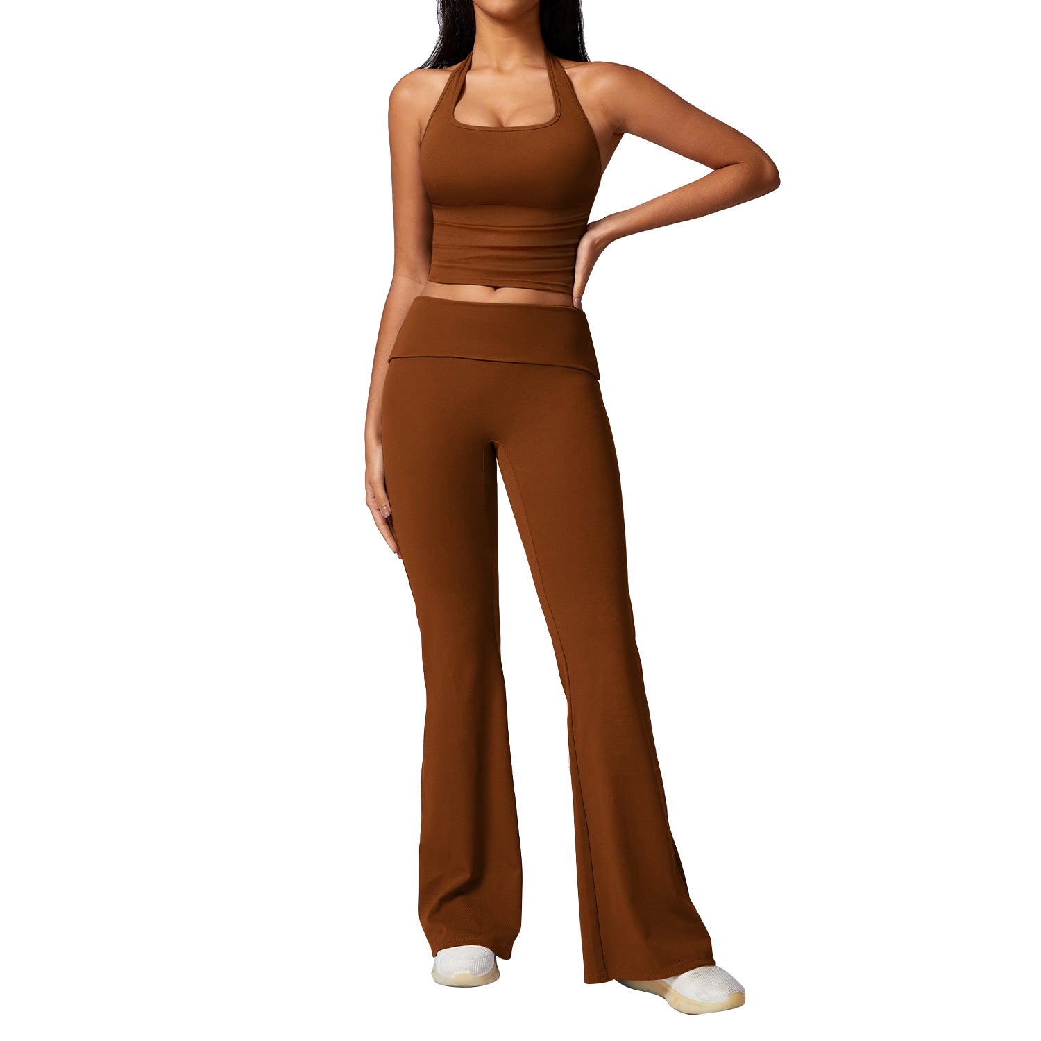 8713 Women Sexy Halter Backless Yoga Vest Fitness High Waist Flared Pants Set