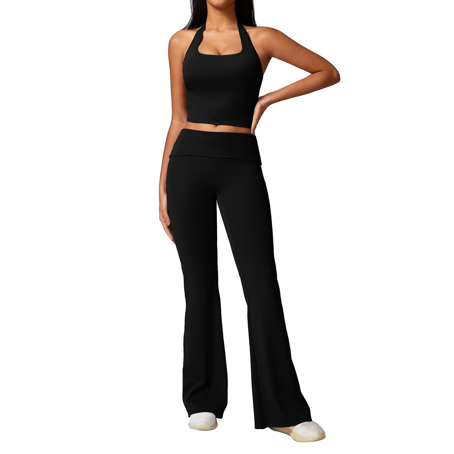 8713 Women Sexy Halter Backless Yoga Vest Fitness High Waist Flared Pants Set