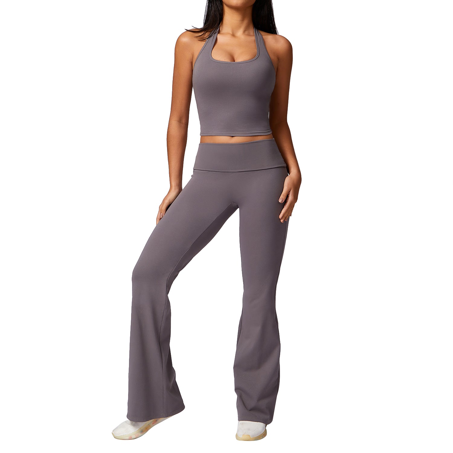 8713 Women Sexy Halter Backless Yoga Vest Fitness High Waist Flared Pants Set