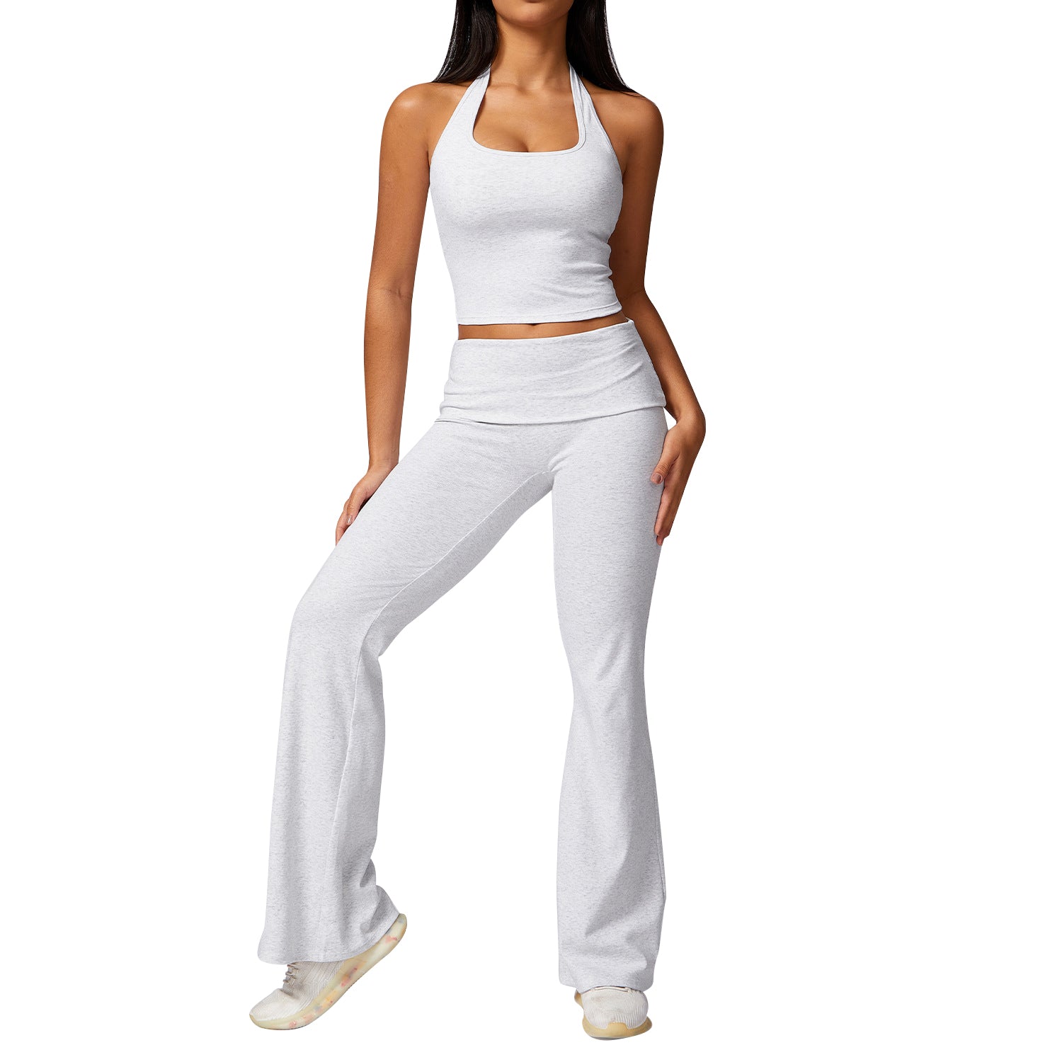 8713 Women Sexy Halter Backless Yoga Vest Fitness High Waist Flared Pants Set