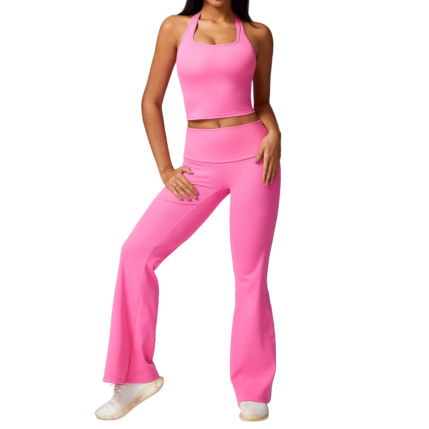 8713 Women Sexy Halter Backless Yoga Vest Fitness High Waist Flared Pants Set