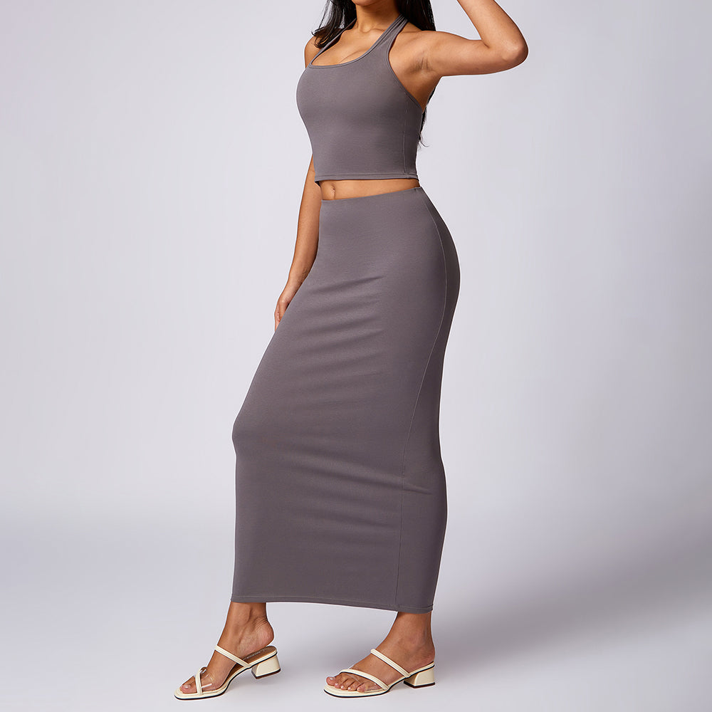 8713 Yoga Longline Bra Maxi Skirt Fitness Long Skirt Set for Workout