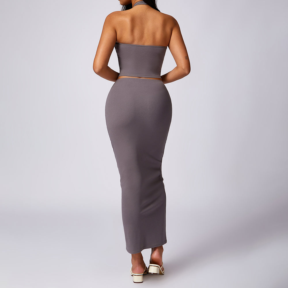 8713 Yoga Longline Bra Maxi Skirt Fitness Long Skirt Set for Workout