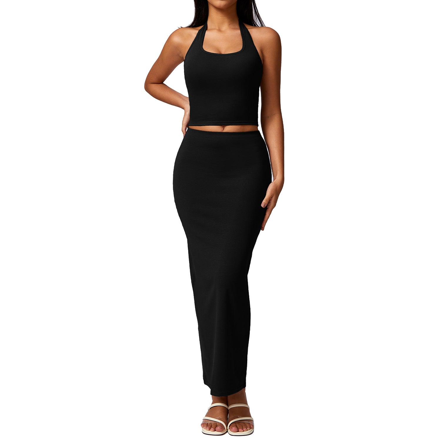 8713 Yoga Longline Bra Maxi Skirt Fitness Long Skirt Set for Workout