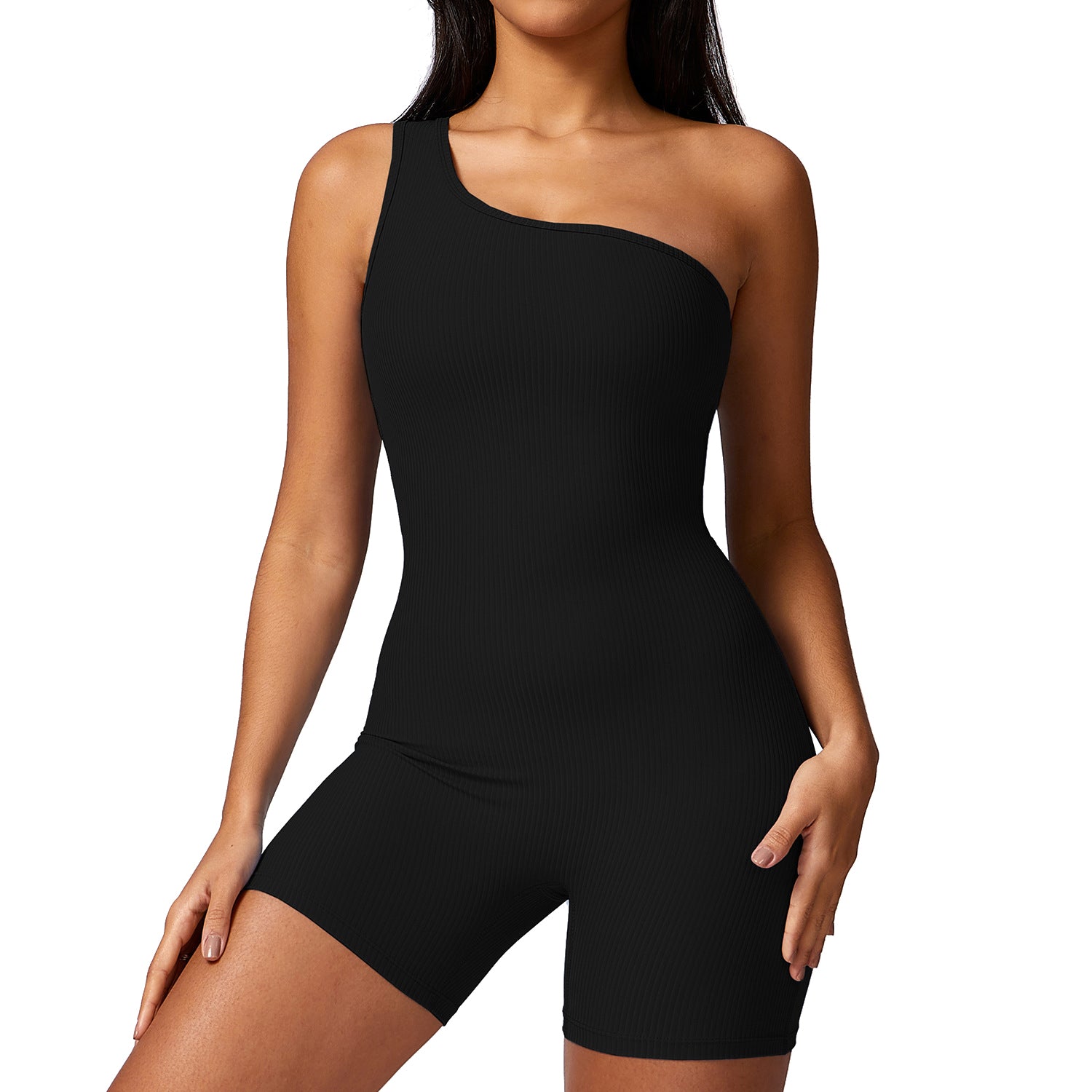 8616 Solid Color Women Yoga Jumpsuit One Shoulder Ribbed Summer Bodysuit