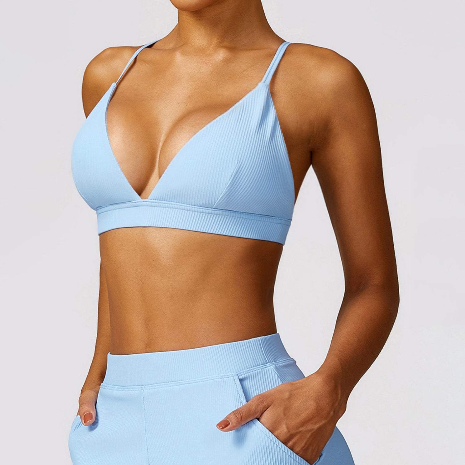 8526 Spaghetti Straps Women Sports Bra Ribbed Backless Padded Yoga Bra