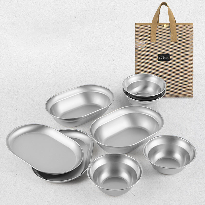 CLS 8Pcs Dinnerware Set Outdoor Camping 304 Stainless Steel Bowl Plate (BPA Free, No FDA)